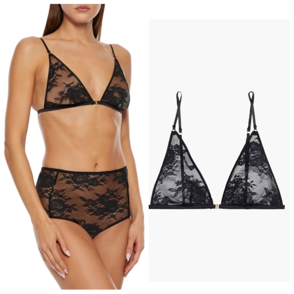 New Stella McCartney Sienna Satin-Trimmed Lace Soft-Cup Black Triangle Bra Large - Picture 3 of 12